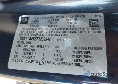 2015 Chevrolet Equinox 1Lt from USA, damaged, VIN 2GNALBEK5F6239942